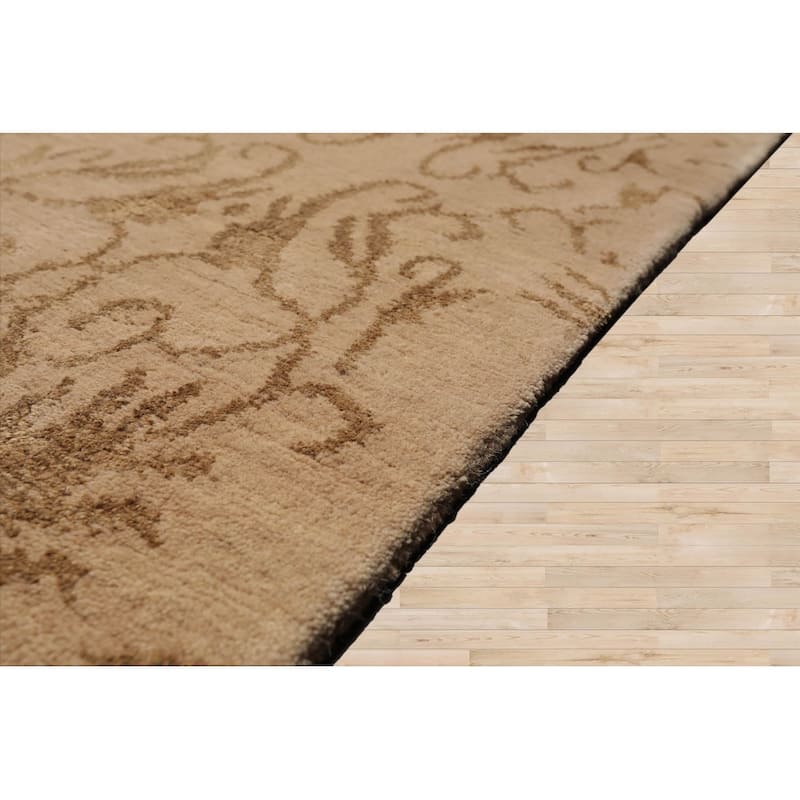 Hand Knotted Beige Tibetan Wool & Silk Transitional Oriental Area Rug - 8' x 8' 5''