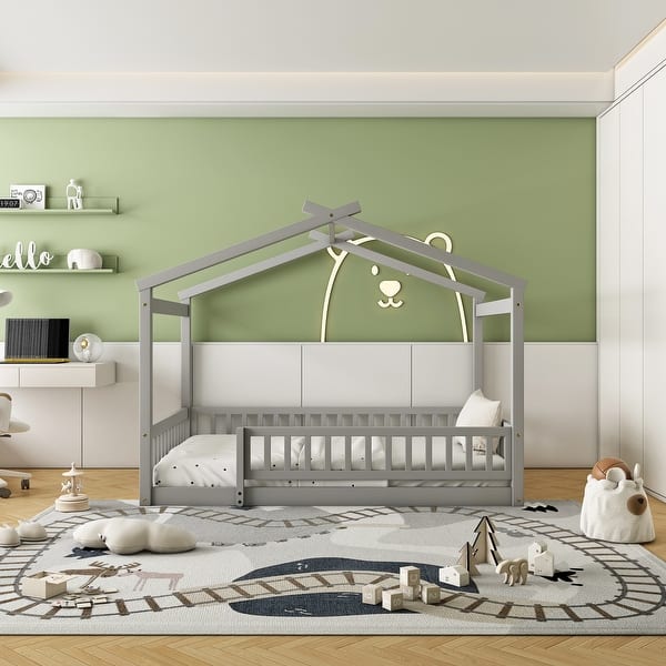 slide 2 of 27, Full House Bed with Fence & Roof, Wood Frame for Kids & Teens, Playhouse Style, Grey Grey