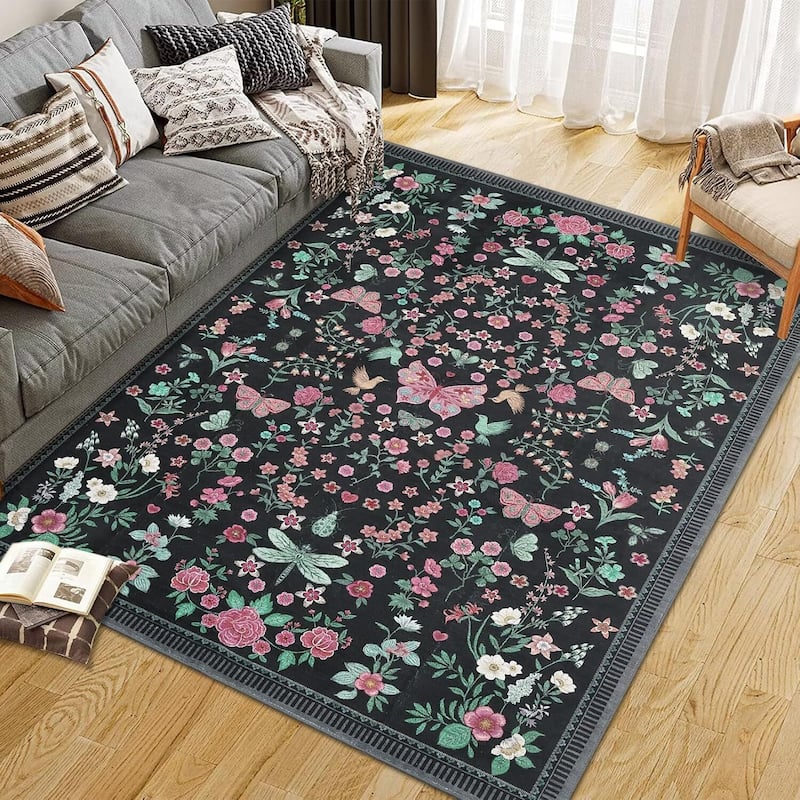 Modern Floral Machine Washable Indoor Waterproof Area Rug for Bedroom, Living Room, Black - 2' x 3' - Black 5*7ft