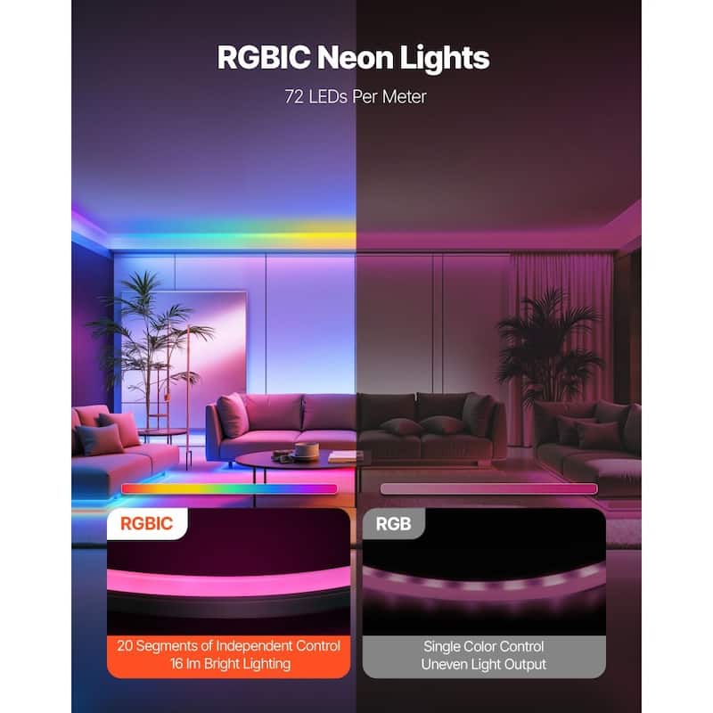 16.4ft RGBIC LED Neon Rope Light with Music Sync Smart Voice and App Control for Home Decor - 16.4'Long