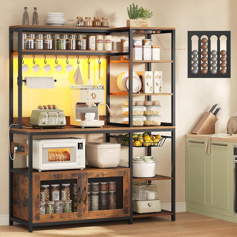 Kitchen Baker's Rack Storage Cabinet Microwave Stand Power Outlets