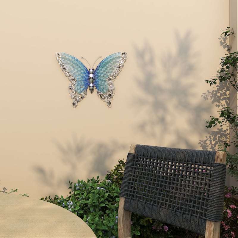 Iron Metal Eclectic Butterfly Wall Decor in Blue, Purple, or Green (16" H X 21" W)