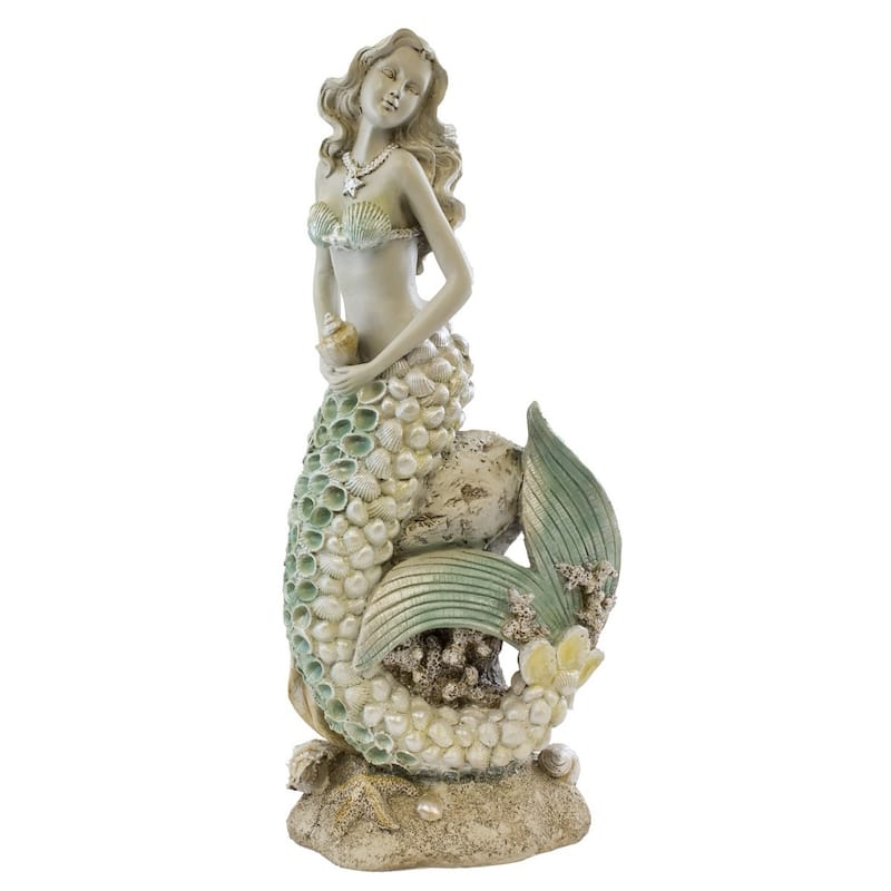 8.5" x 18" Mermaid On Rocks Large Decorative Metallic Statue