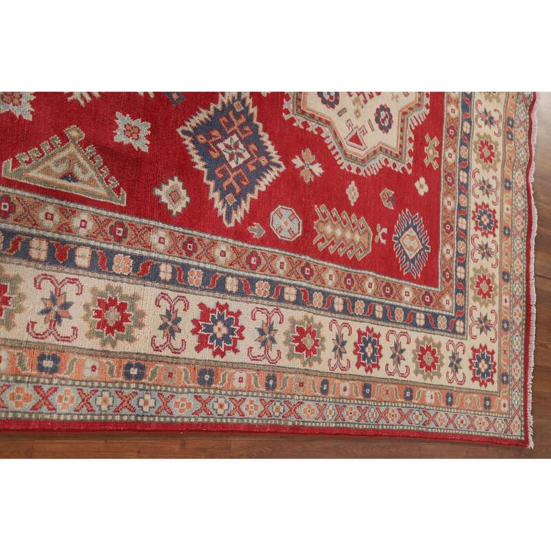 Hand Knotted Oriental 100% Wool Carpet Traditional Geometric Red Kazak Area Rug - 9' 10'' X 6' 7''