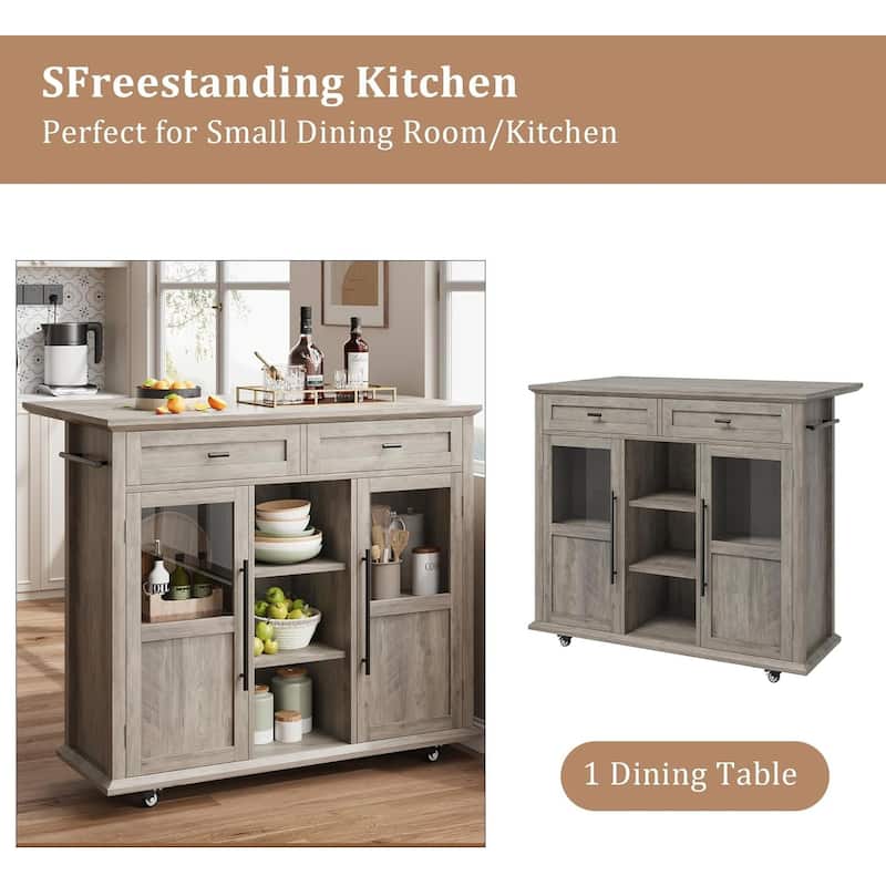 Kitchen Island, Rolling Kitchen Island Cart On Wheels With Widen Drop Leaf Top, 2 Glass Doors, Spice Rack & Towel Holder