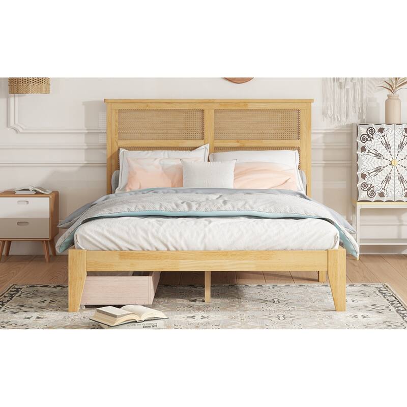Roomfitters Full Rubber Wood Bed with Rattan Headboard, Underbed Storage Design, Reinforced Slats and Support Feet