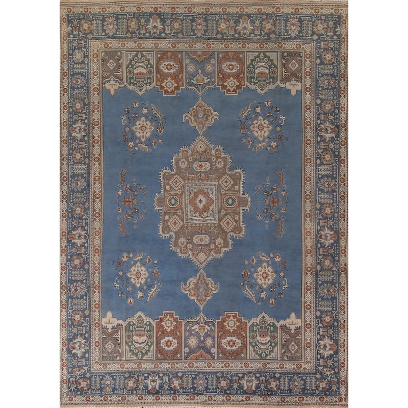 Blue Geometric Tabriz Persian Vintage Rug Hand-Knotted Wool Carpet - 9'6" x 13'1"