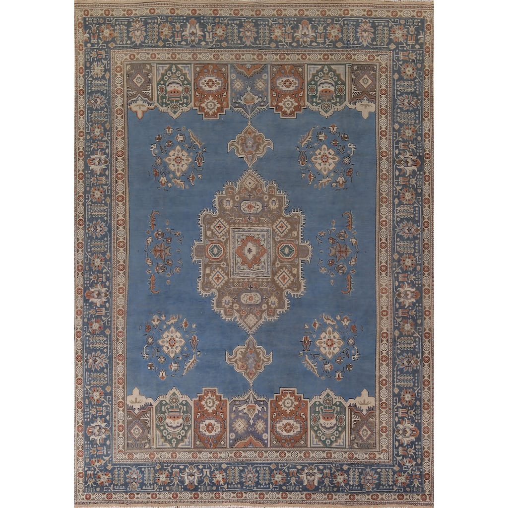 Blue Geometric Tabriz Persian Vintage Rug Hand-Knotted Wool Carpet - 9'6" x 13'1"