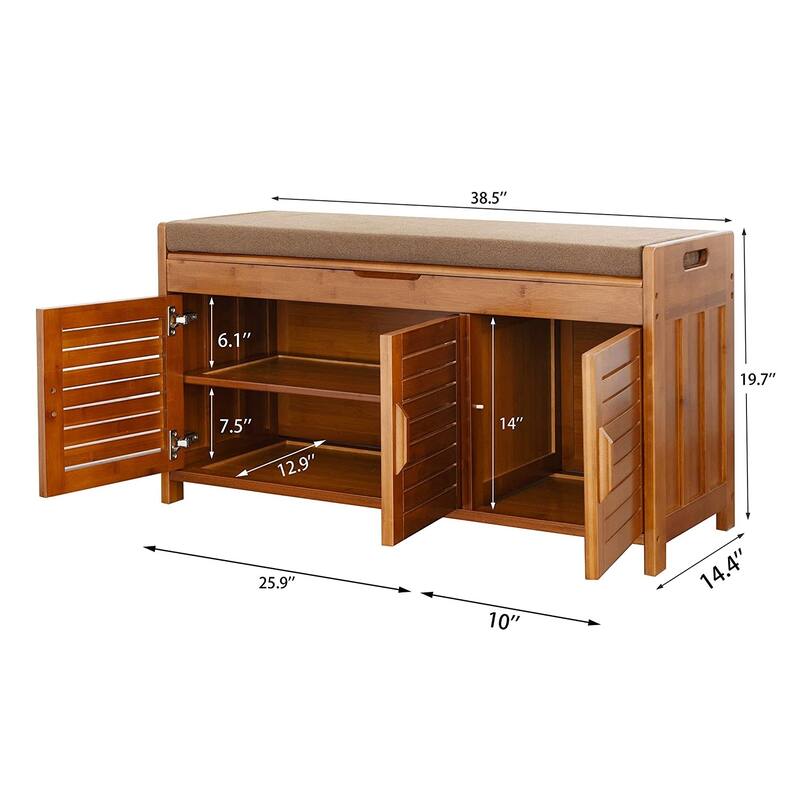 Shoe Storage Bench, Bamboo Shoe Rack with Door Storage Space and Soft Cushion