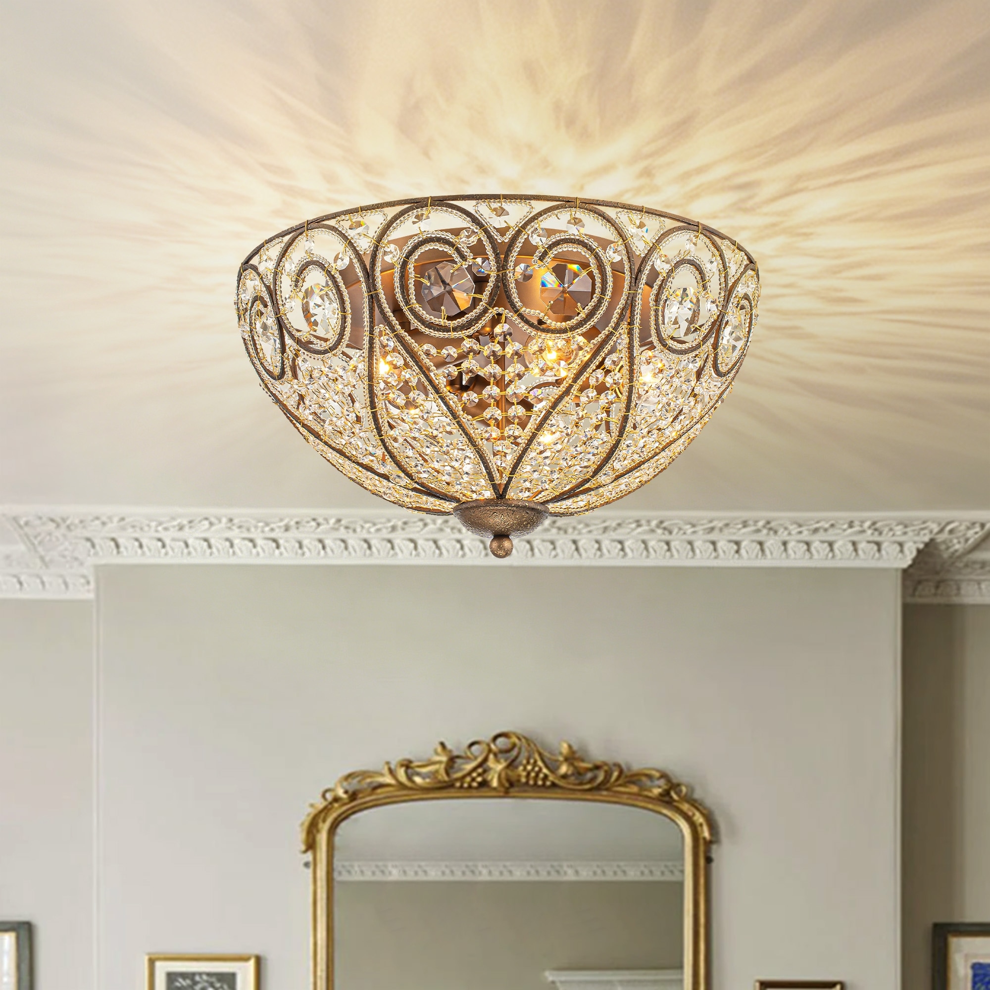 Rennnsan 5-Light Vintage Retro Antique Bronze Cone Crystal Flush Mount Ceiling Light - 17.7 in. Dia x 9.6 in. H