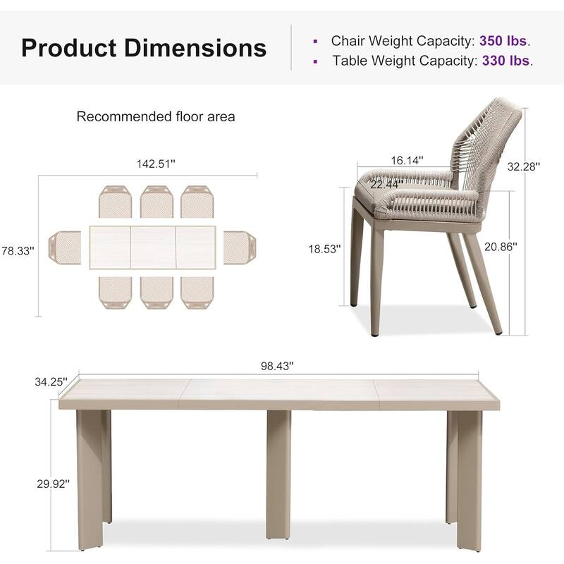 PURPLE LEAF Dining Set Patio Metal Rectangular Table and Wicker Rattan Chairs for Outside Porch Modern Outdoor Furniture Sets