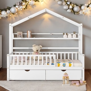 Modern Twin Size Wooden House Bed Kids Bed with 2 Drawers and Storage Shelf,Playhouse Design