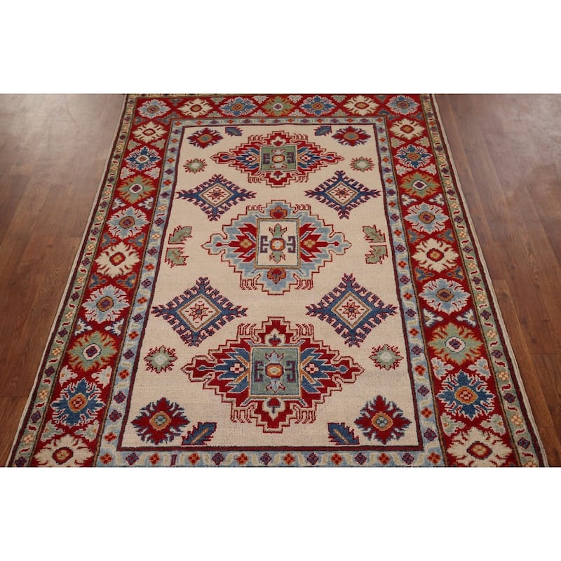 Beige Traditional Kazak Accent Rug Hand-Knotted Wool Carpet - 4'1" x 5'11"