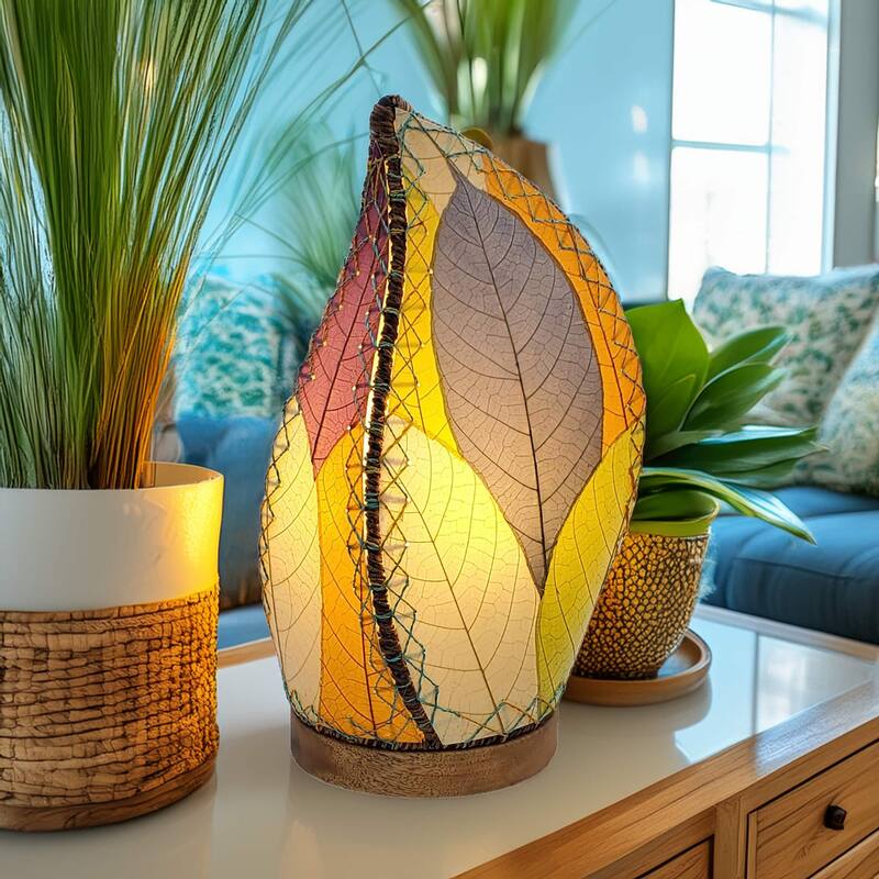 Eangee Handmade Leaflet Table Lamp, Cocoa Leaves Shade, 5 x 7 x 14 in. - 5 x 7 x 14 - Multi