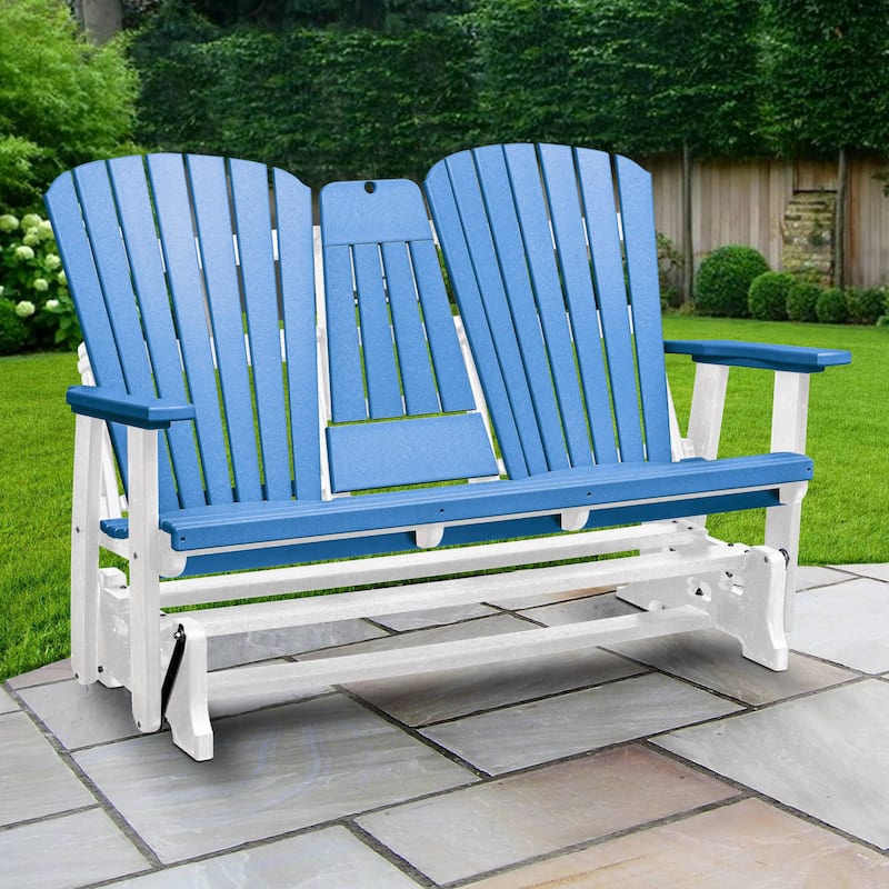 American Furniture Classics Two Seat Fan Back Glider with Drop Down Table/Cup Holder - N/A - Blue on White
