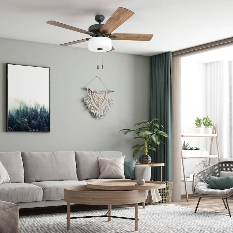 The Gray Barn Hatekin Farmhouse 52-inch Aged Bronze LED Ceiling Fan in Linen Drum Light in 3-speed Remote