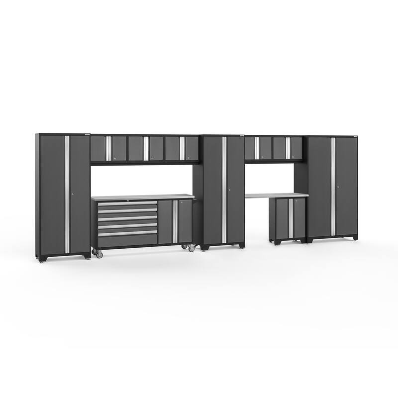 NewAge Products Bold Series 222" W x 18" D 11 Piece Garage Cabinet Set - Stainless Steel Top / No Slatwall - Gray