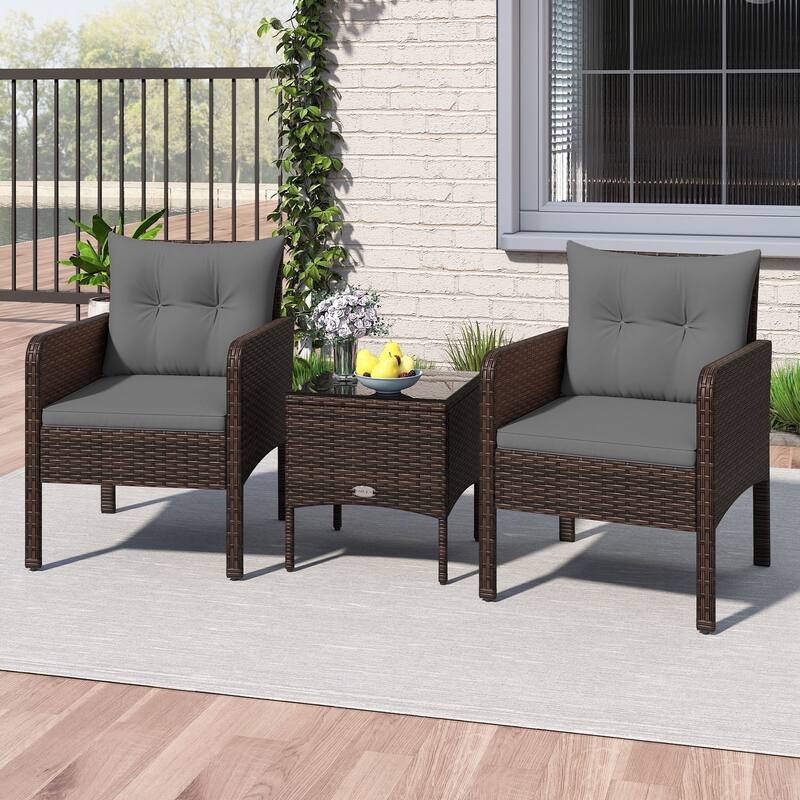 Gymax 3 PCS Patio PE Wicker Furniture Set w/Cushions & Tempered Glass
