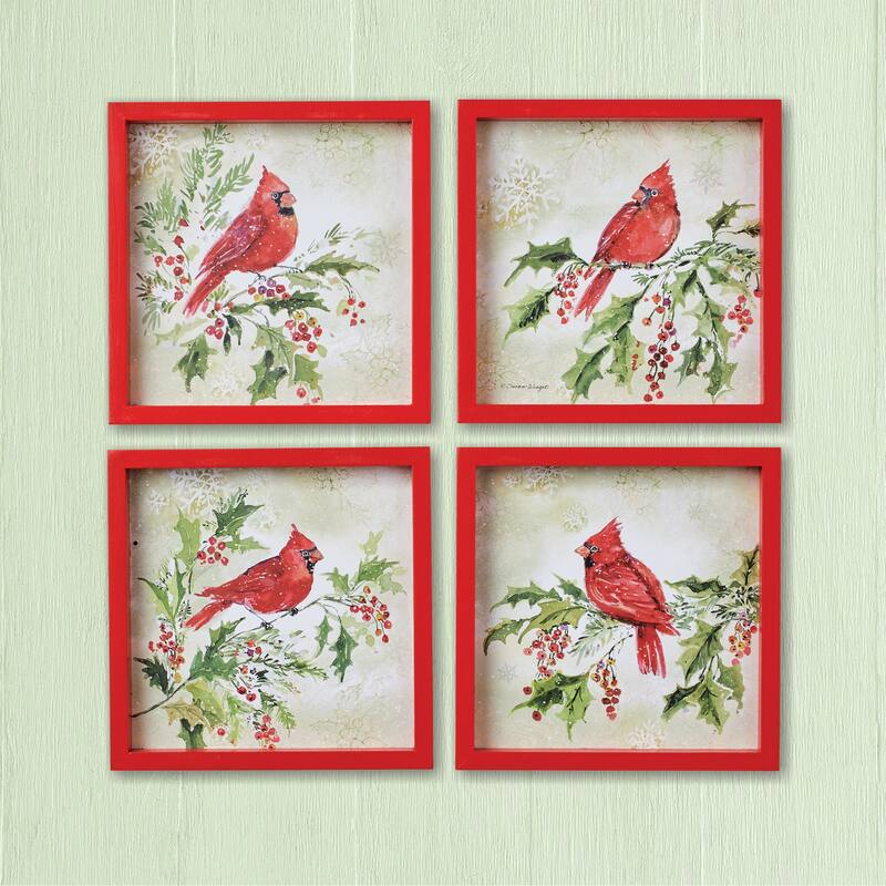 Cardinal Holly Red Wooden Framed Wall Art - Set of 4 - 8 x 8 x 1.12 - Red - 8 x 8 x 1.12