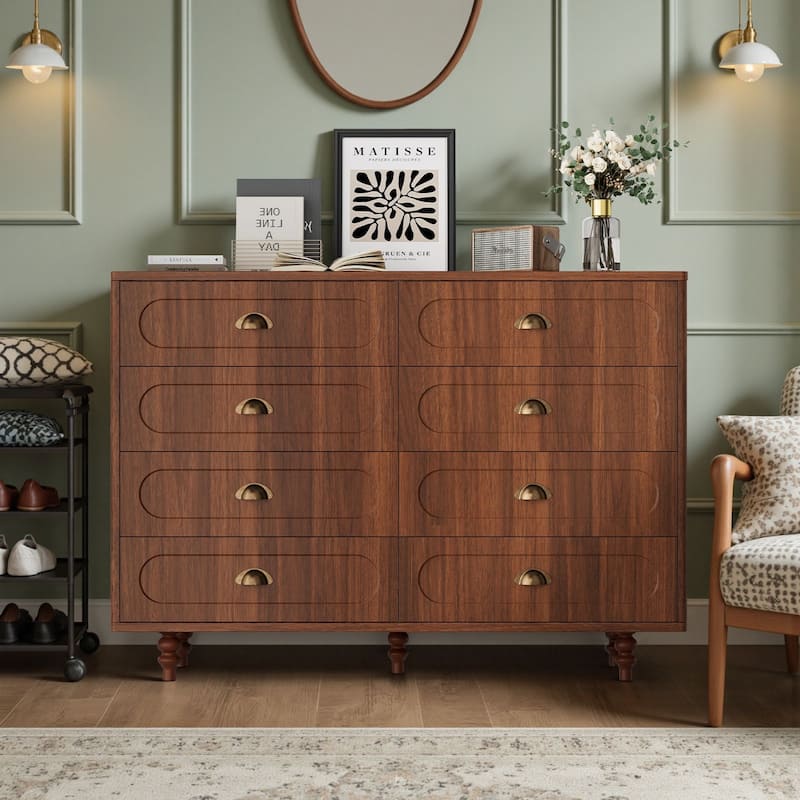 Meyreso Mid-Century Walnut Fluted Dresser with 6 or 8 Drawers