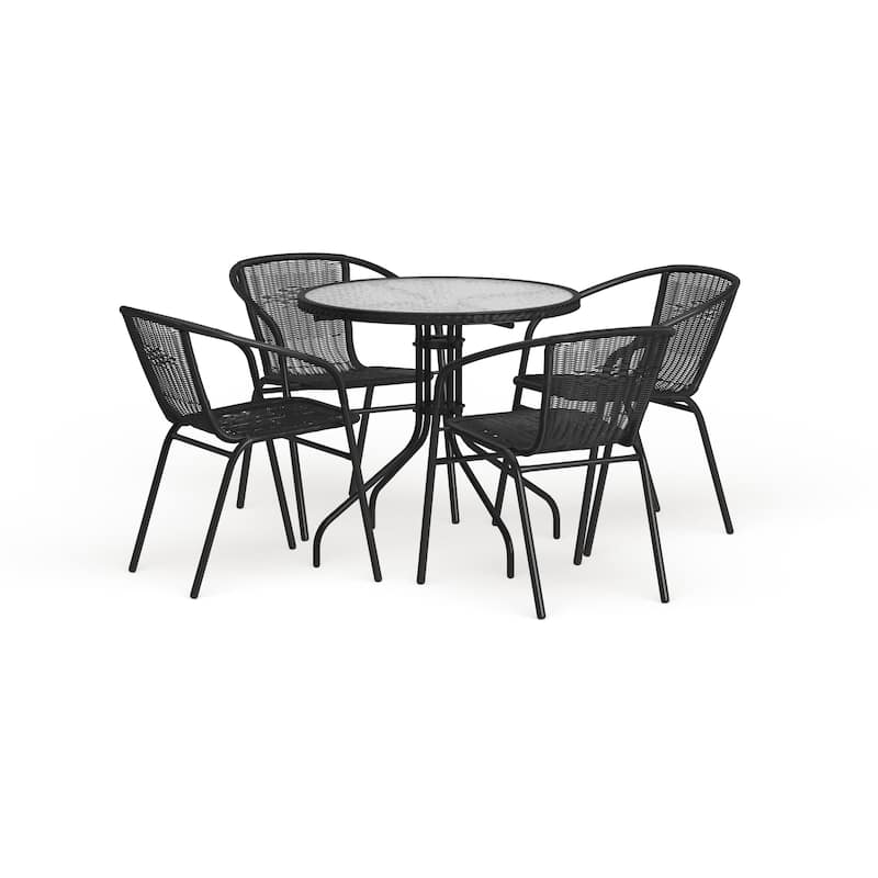 28'' Round Glass Metal Table with Rattan Edging and 4 Rattan Stack Chairs - Black