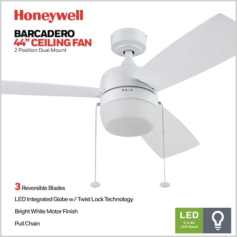 44" Honeywell Barcadero Matte Black Contemporary Indoor LED Ceiling Fan with Light, Pull Chain