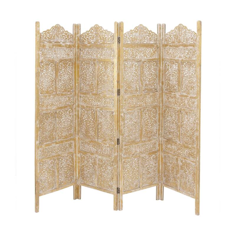 Gold Wooden Handmade Foldable Partition 4 Panel Floral Partition Room Divider Screen with Carved Designs