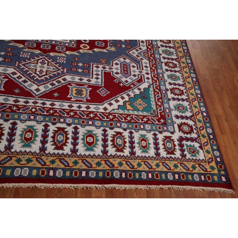 Geometric Kazak Area Rug Hand-Knotted Blue Oriental Wool Carpet - 8'10" x 11'8"