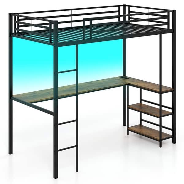 slide 2 of 10, Gymax Twin Size LED Bed Frame w/ Charging Station Upholstered Black & Rustic Brown - Twin