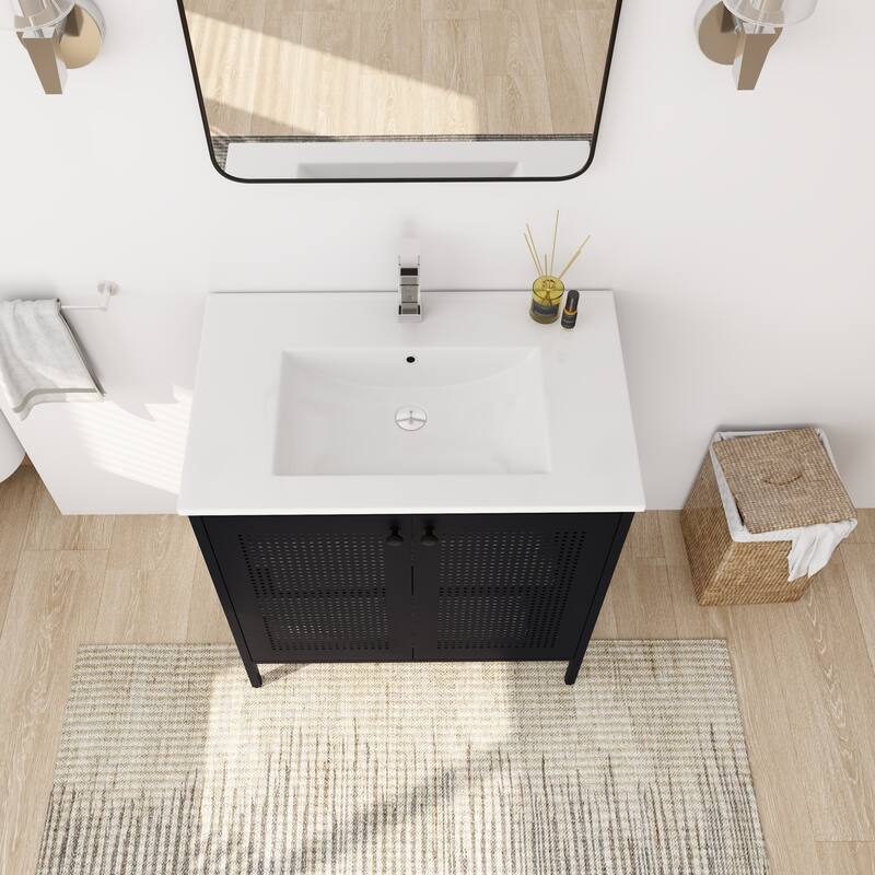 30-Inch Modern Freestanding Bathroom Vanity with Ceramic Sink, Cold-Rolled Steel Frame, Adjustable Shelves - 30in L Steel