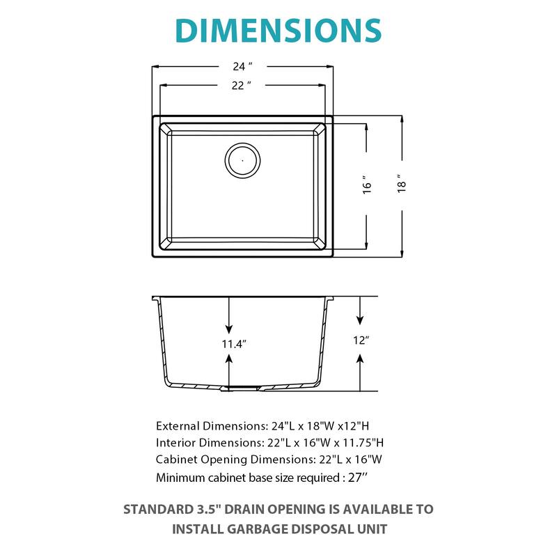 24" Undermount Single Bowl Quartz Kitchen Sink in Black - 24'' x 18'' x 12''