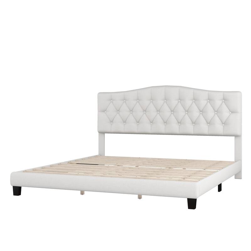 Linen Upholstered Platform Bed Frame with Saddle Curved Adjustable Headboard and Diamond Tufted Details