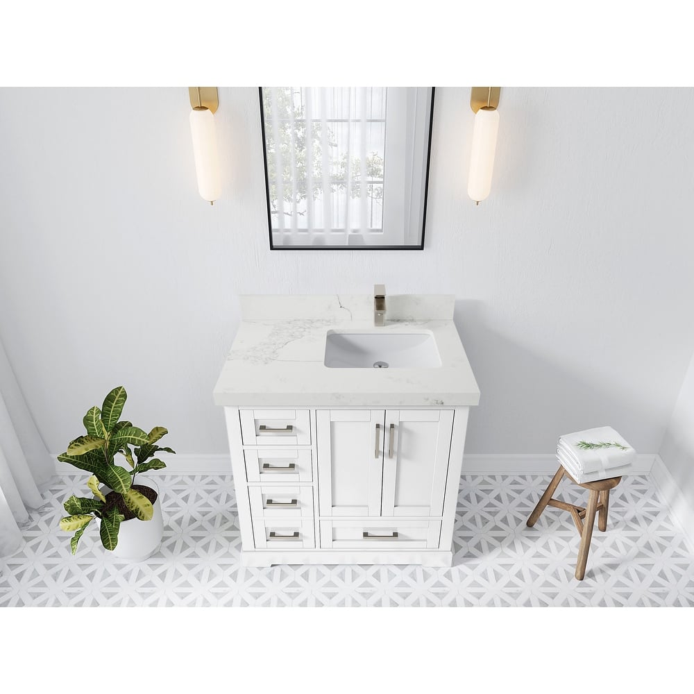 Willow Collections 36 x 22 Boston Right Offset Sink Bathroom Vanity with Quartz or Marble Countertop