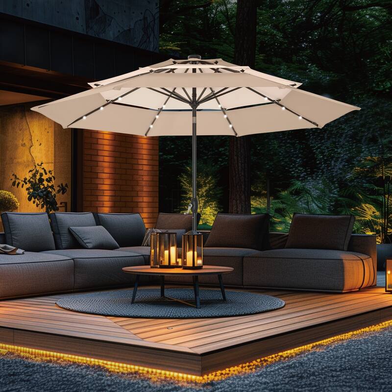 MAISON ARTS 10ft 3 Tier Auto-tilt Patio Umbrella Outdoor Double Vented Umbrella with LED Lights - BeigeMix-Lights