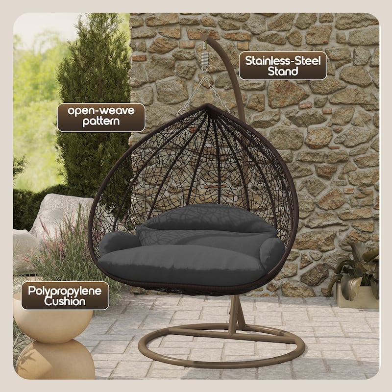 2-Person Egg Swing Chair in Brown Stainless Steel 2-Seater Porch Swing with Stand for Outdoor and Indoor - 77.95" Height