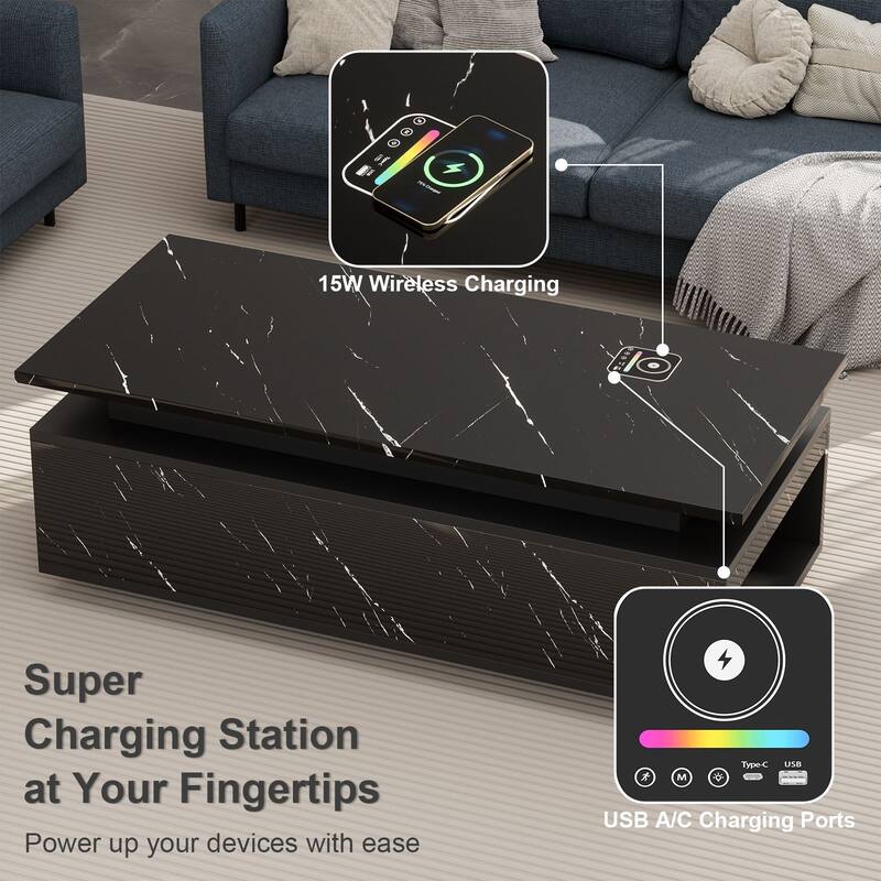 Smart LED Coffee Table 47.2" with Bluetooth Speaker & Wireless Charging, Modern White Marble Center Table