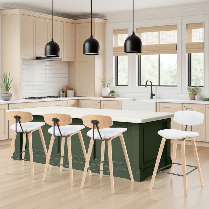 Fox Mid-Century Bar Stool, Upholstered Counter Height Chair with Bentwood Legs - Set of 4 - White Fabric & Oak - Counter Height