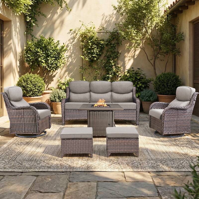 Pocassy Outdoor Propane Fire Pit Table with Sofa Swivel Chair Funiture Set. - Brown Wicker Gray Cushion - 6-Piece Sofa Swivel Chair Ottoman w/ Fie Table