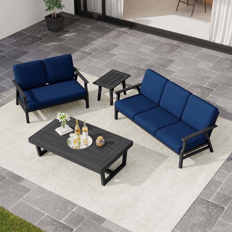 Arthur 4-Piece Teak Wood Patio Conversation Set - Navy - BlackFrame