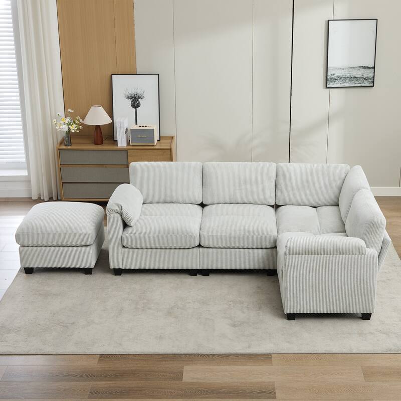 5-Seater Corduroy Sectional Sofa, Removable Ottoman, Modular Design