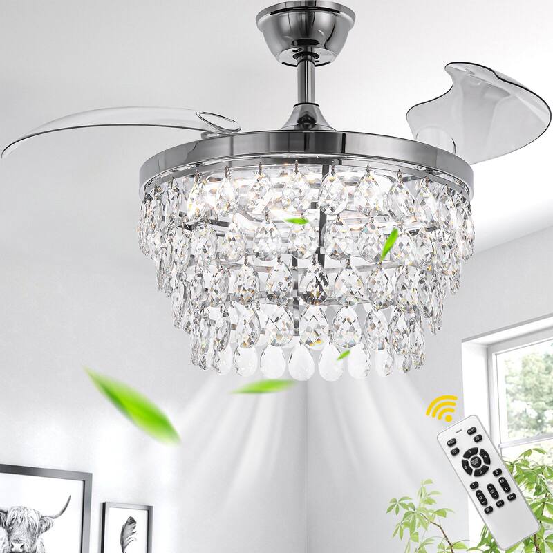 Bella Depot 42" Retractable Crystal Ceiling Fan with Light and Remote 6-Speed Reversible Fan - silver