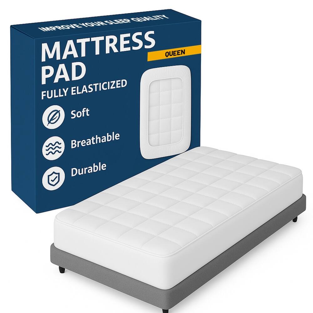 Quilted Mattress Pad, Fitted Elastic Protector, Cover Stretches up to 18 Inches Deep Pocket, Machine Washable Topper - White