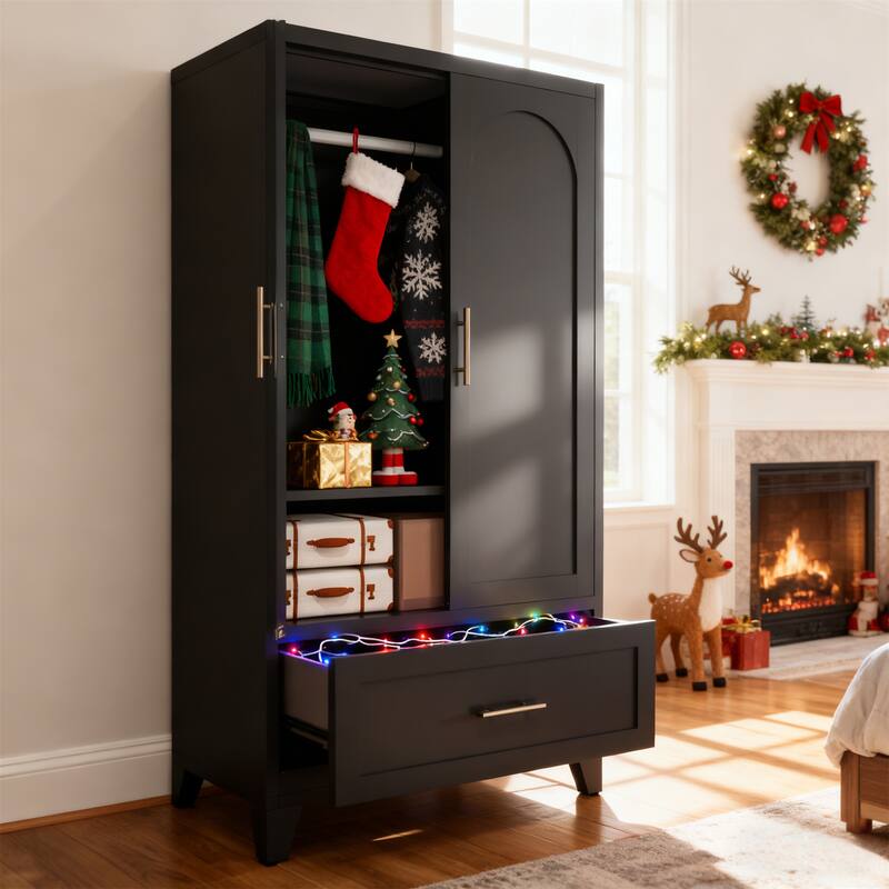 Metal Wardrobe Cabinet with 1 Drawer and Hanging Rod, 2 Doors Wardrobe Closet