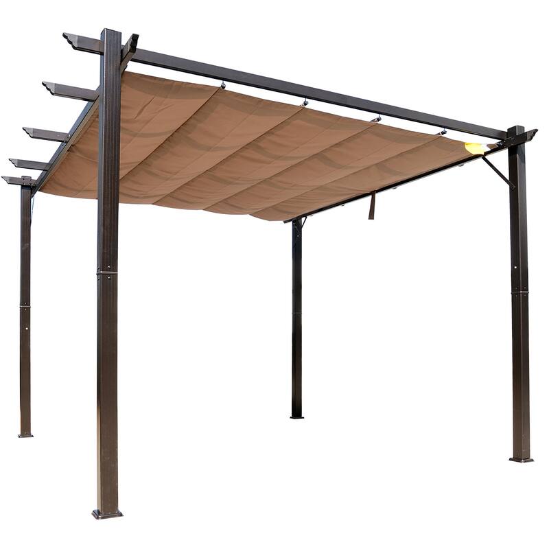 10x10 Retractable Aluminum Pergola with UV-Resistant Canopy for Outdoor Shade and Shelter - Brown