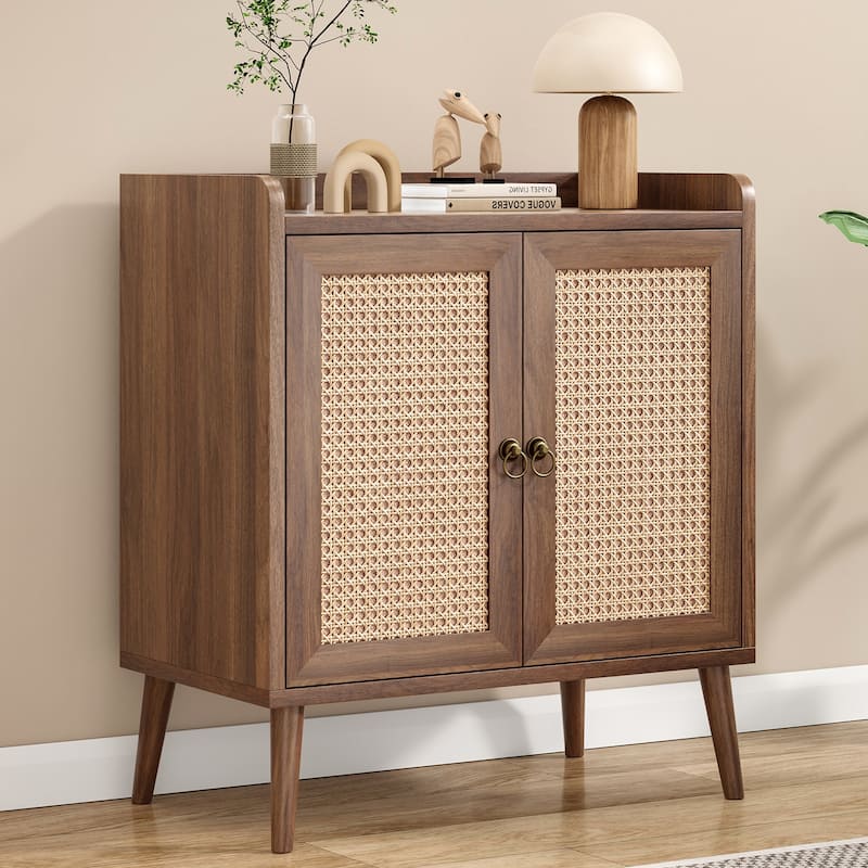 Sideboard Buffet Cabinet with Storage, Bar Liquor Cabinet with Rattan Decorated Doors, Credenza Console Tablefor Dining Room