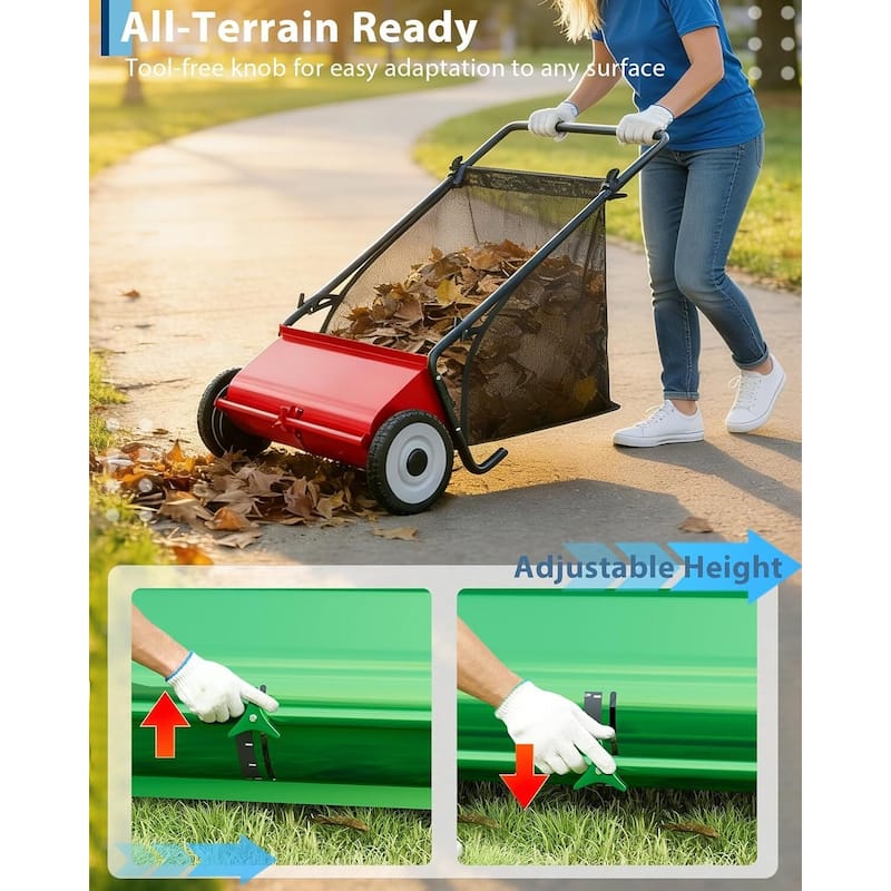 21-Inch Push Lawn Sweeper 35 cu. ft. Capacity Adjustable Height for Grass Leaves and Debris
