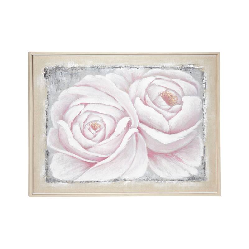 Large White & Pink Roses Acrylic Painting on Canvas in Wood Frame 39.5 x 29.5