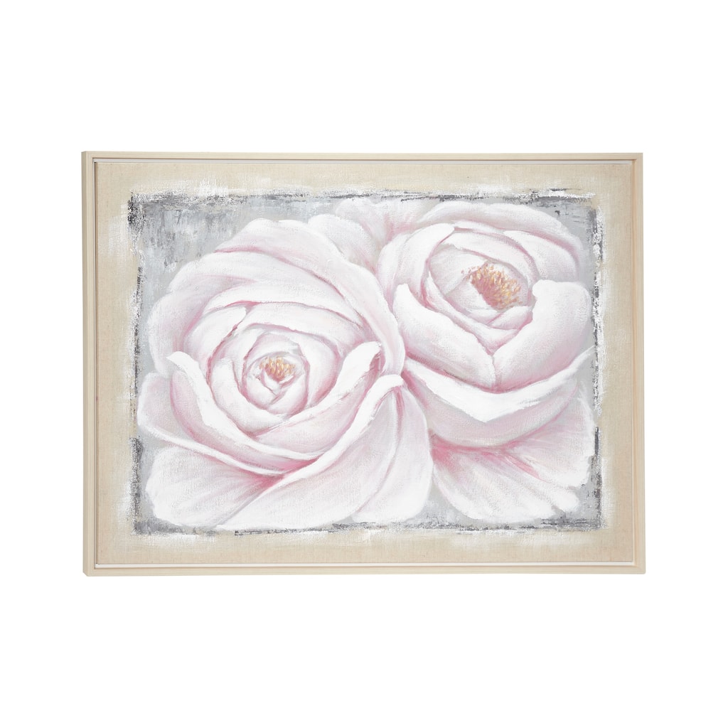 Large White & Pink Roses Acrylic Painting on Canvas in Wood Frame 39.5 x 29.5