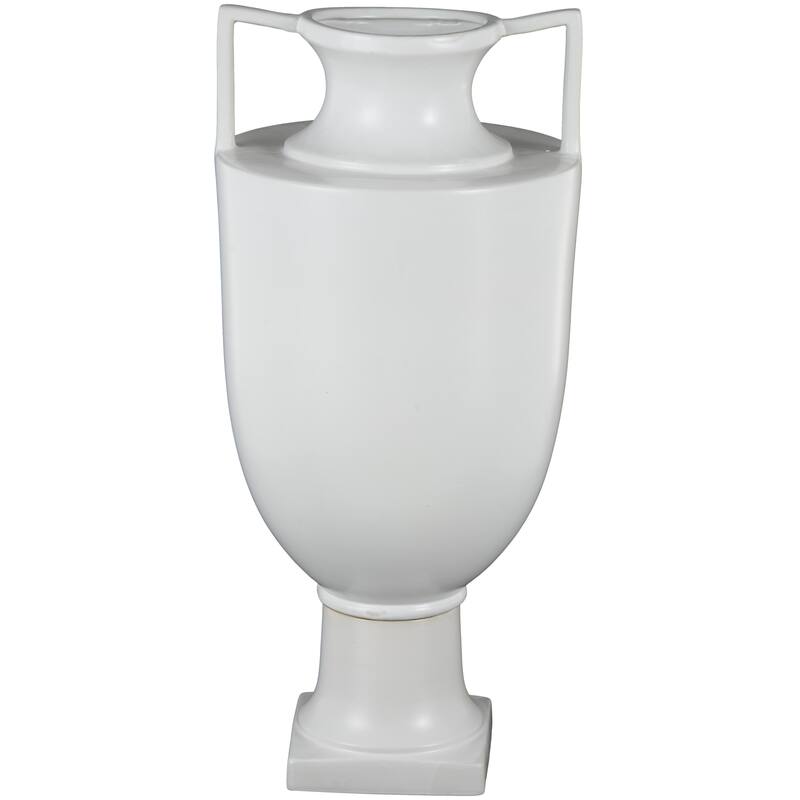 White Ceramic Fluted Urn Shaped Decorative Vase with Handles