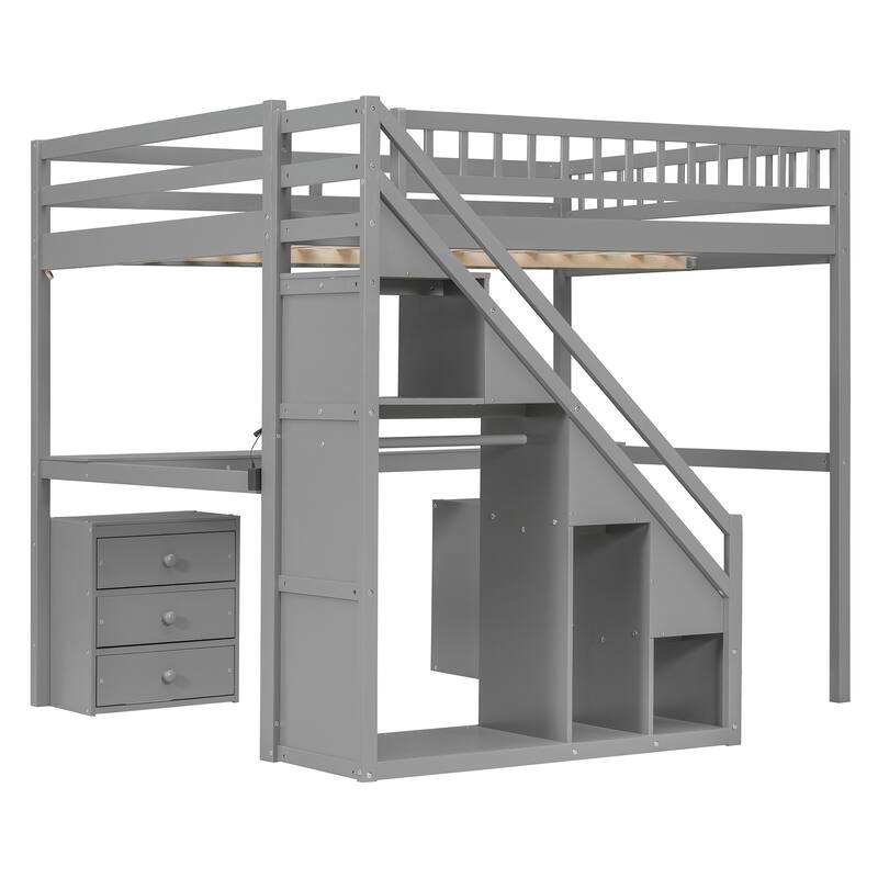 Full Size Loft Bed with Two Chest of Drawers, Desk and Light Strip